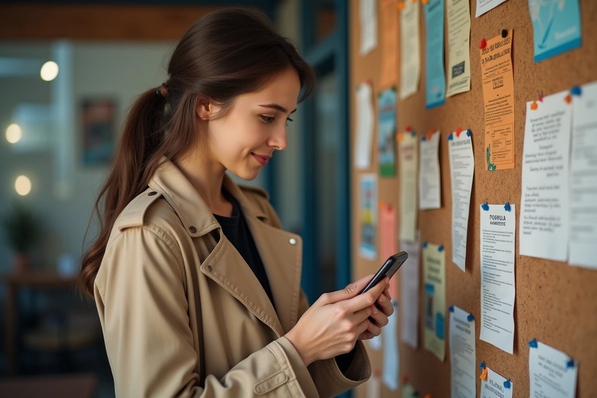 Jeune femme regardant son téléphone dans une brocante intérieure