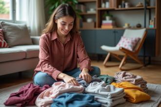Femme triant des vêtements colorés pour vente en ligne