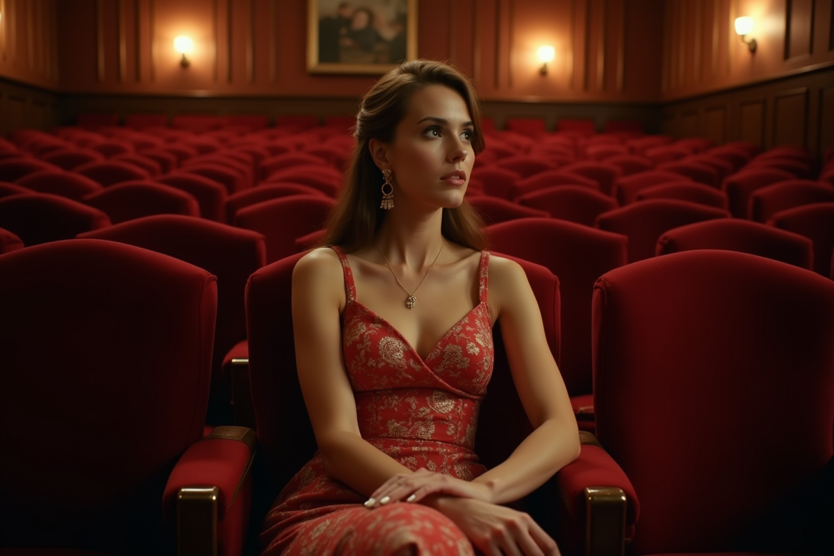 Femme sophistiquée assise dans un théâtre vintage chaleureux