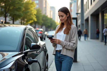 Femme vérifiant son téléphone près d'une voiture électrique en charge