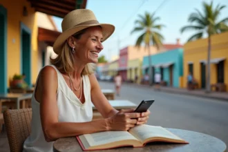 Femme souriante avec smartphone sur terrasse en Guadeloupe