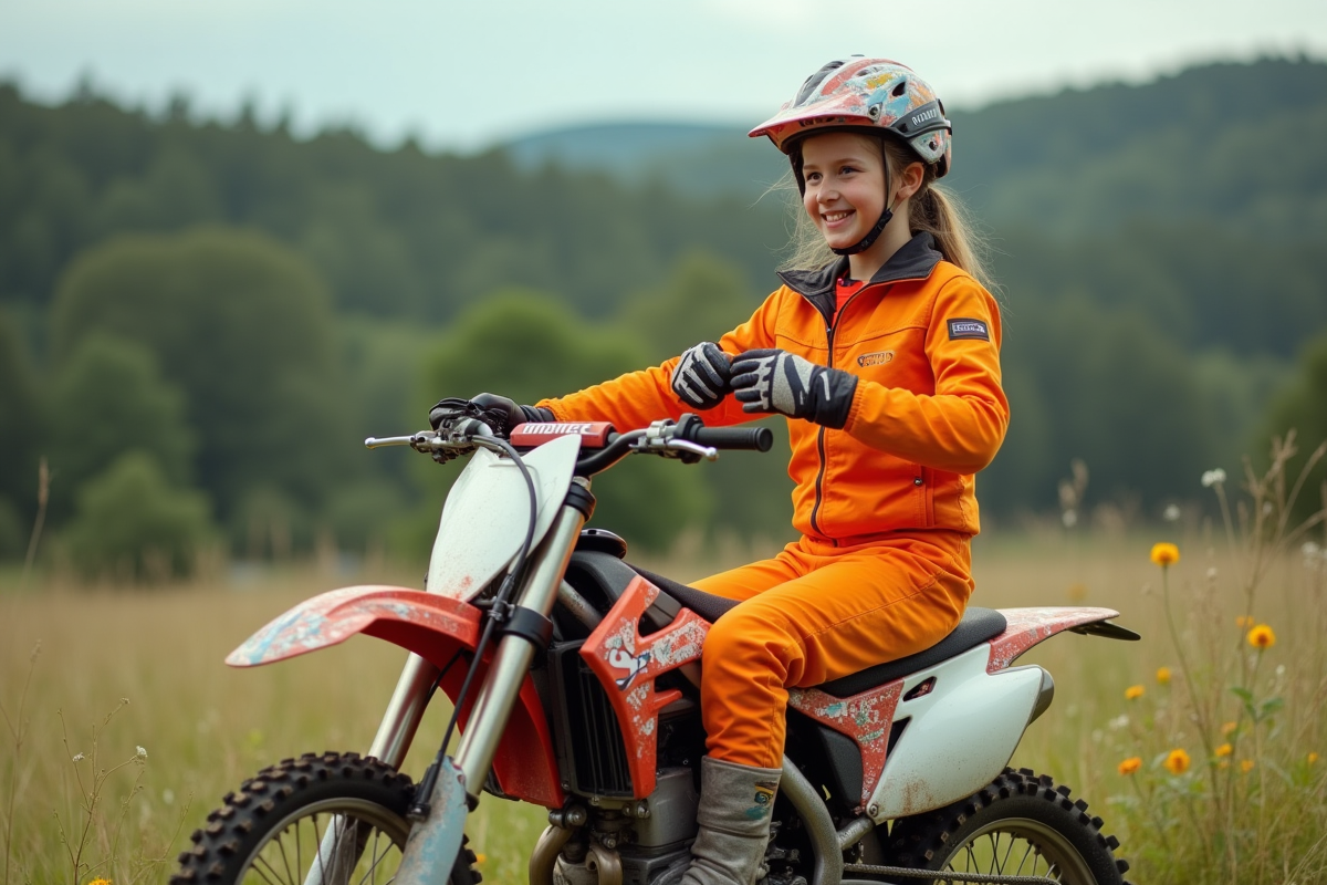 Fille en motocross assise sur sa moto dans un champ