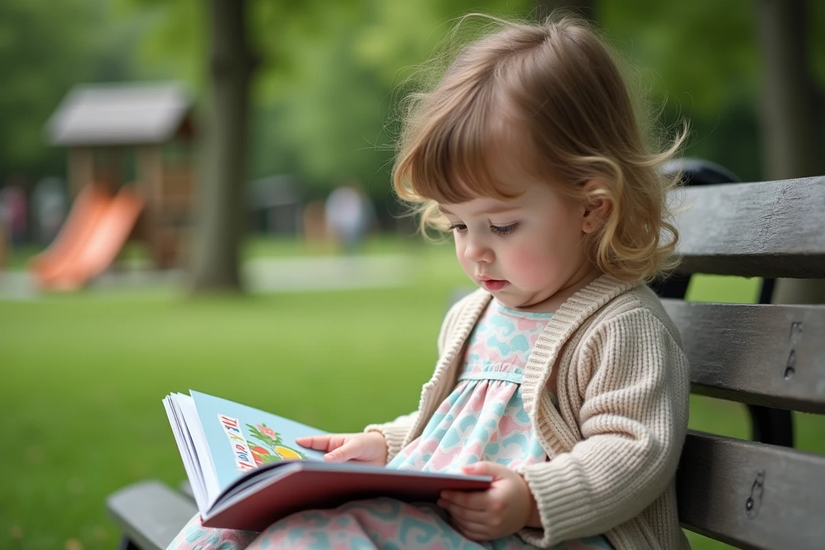 Fille de deux ans lisant un livre dans un parc vert