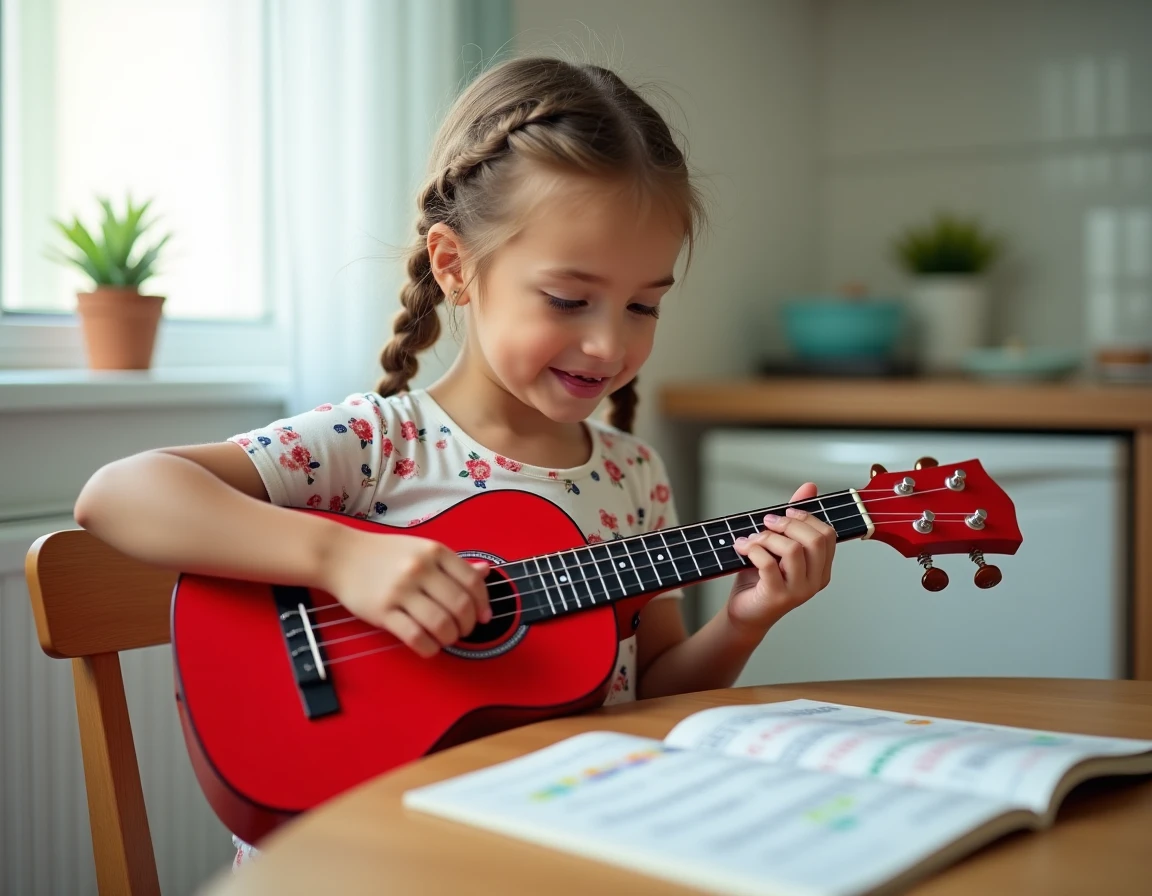 Fillette jouant de la guitare en suivant une tablature colorée pour enfants à la table de la cuisine