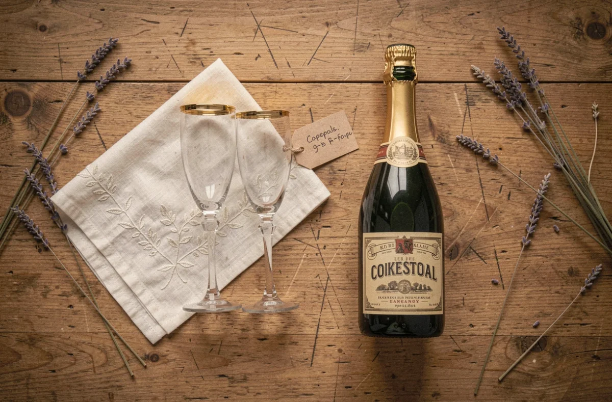 Composition en flat-lay d'une collection capsule avec flûtes à champagne dorées anciennes et nappe brodée sur table en chêne rustique