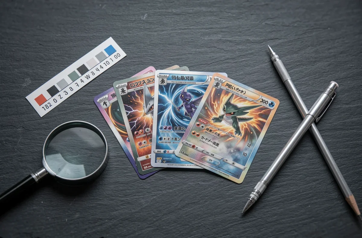 Vue de dessus de cartes Pokémon Foudre Noire et Flamme Blanche disposées en éventail sur une ardoise avec outils de collection