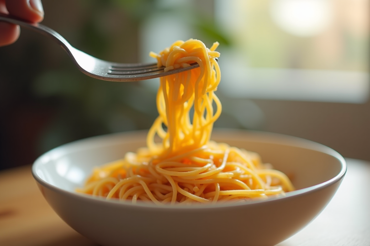 Fourchette soulevant des spaghetti dans un bol minimaliste