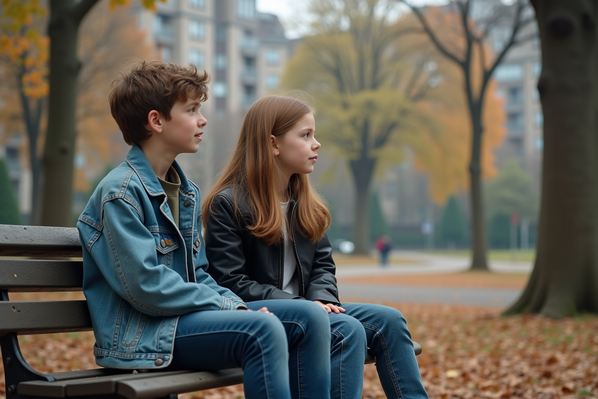 Frère et sœur assis sur un banc de parc regardant au loin