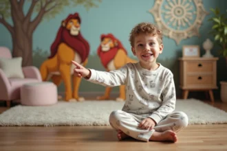Garçon de six ans pointant vers une fresque Disney dans sa chambre