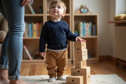 Garçon de deux ans regardant un parent dans un salon cosy