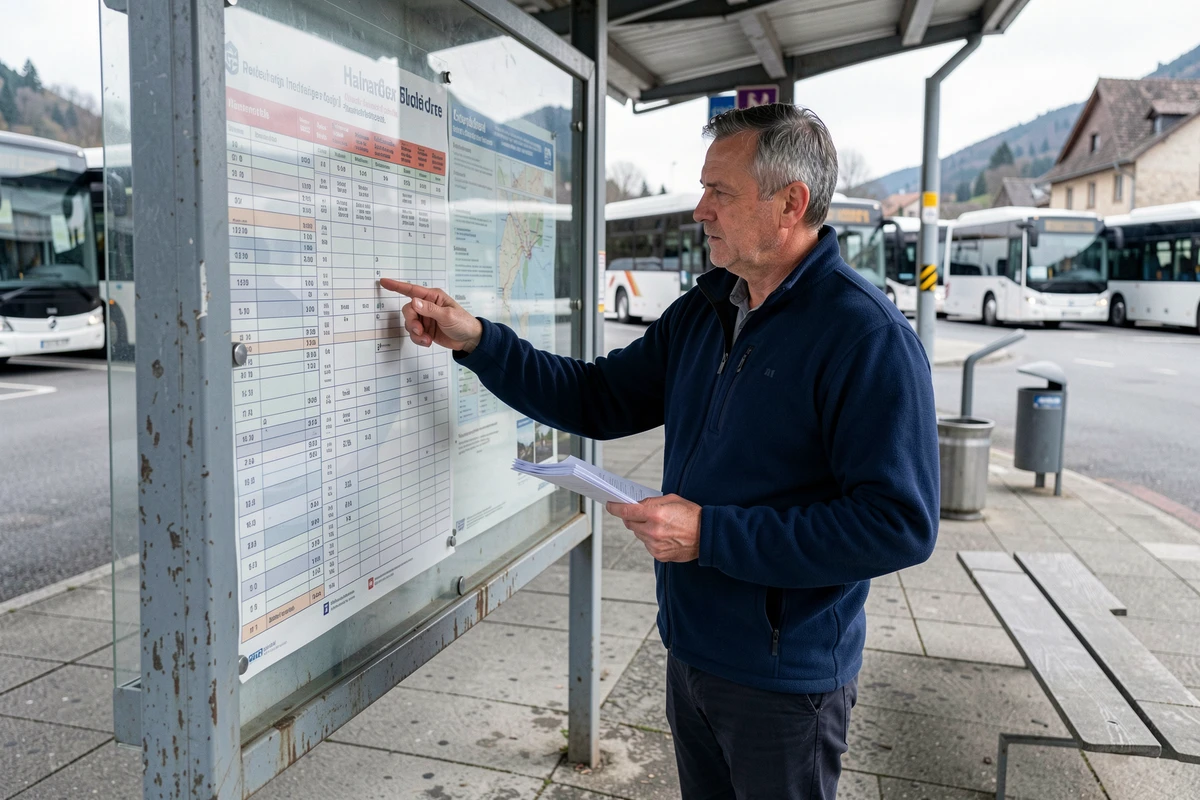 Homme consultant un panneau d'horaires de bus à la gare routière de Sarreguemines en 2026