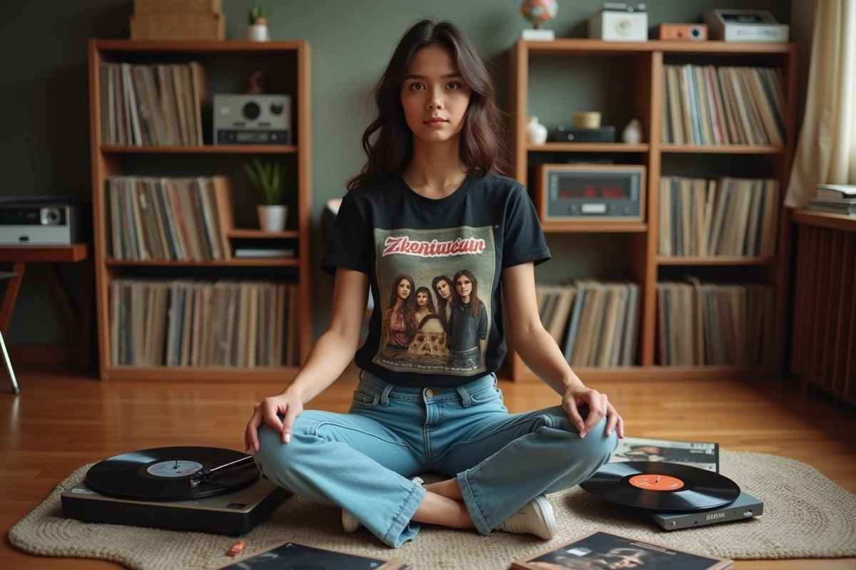 Jeune femme de la génération 2026 écoutant des vinyles de chanteurs américains des années 80 dans un appartement rétro