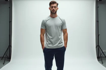 Jeune homme grand et athlétique en pied dans un studio photo, illustrant les mensurations et la taille de GMK