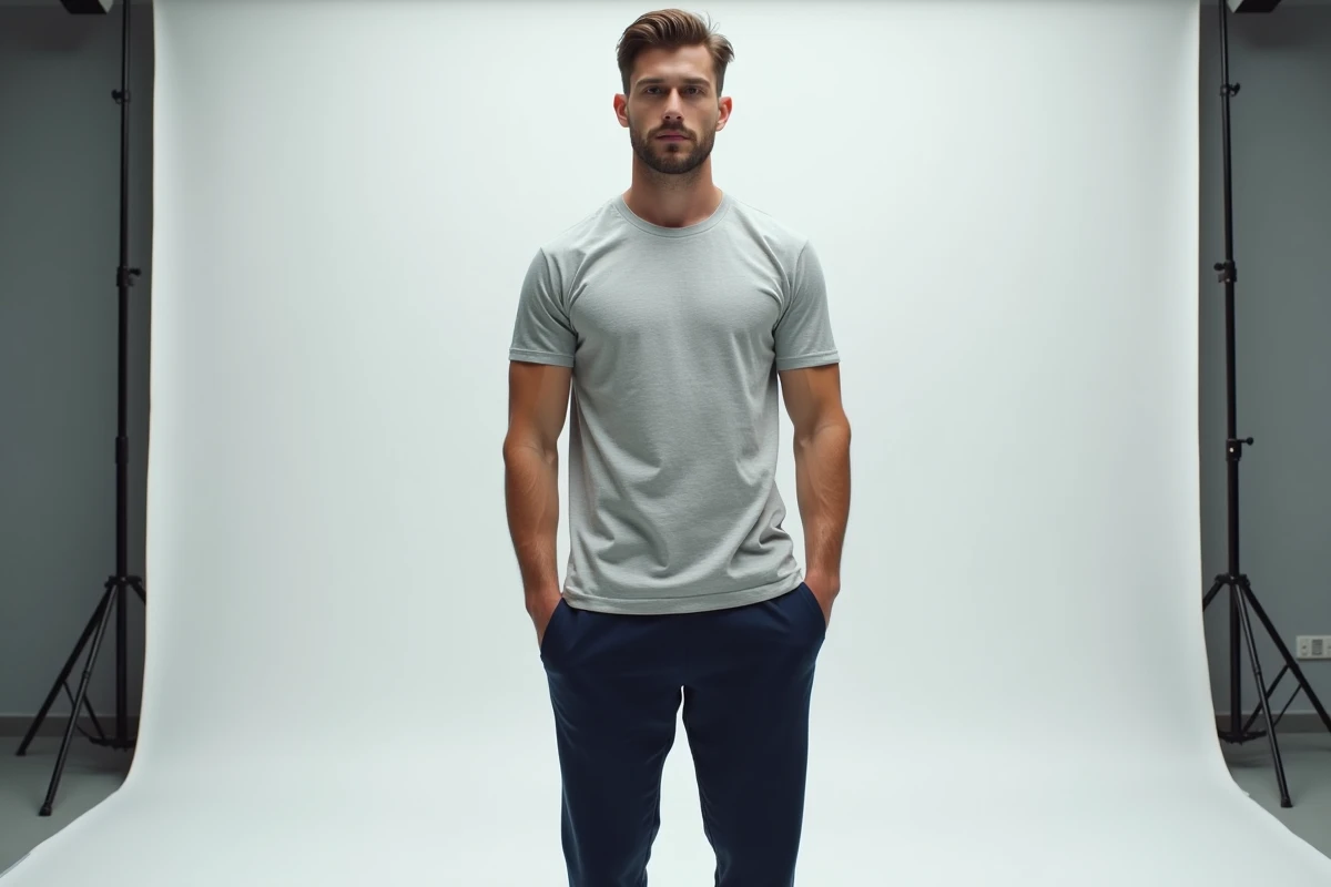 Jeune homme grand et athlétique en pied dans un studio photo, illustrant les mensurations et la taille de GMK