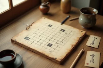 Grille de mots croisés avec la réponse BAIE en lettres japonaises posée sur une table en bois avec des accessoires japonais traditionnels