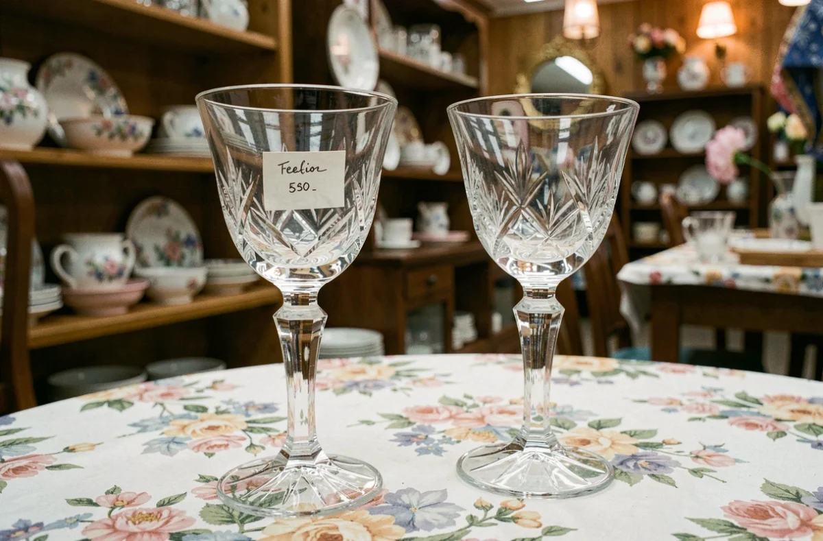 Gros plan de deux coupes à champagne en cristal gravé ancien posées sur une nappe fleurie lors d'une foire de brocante intérieure