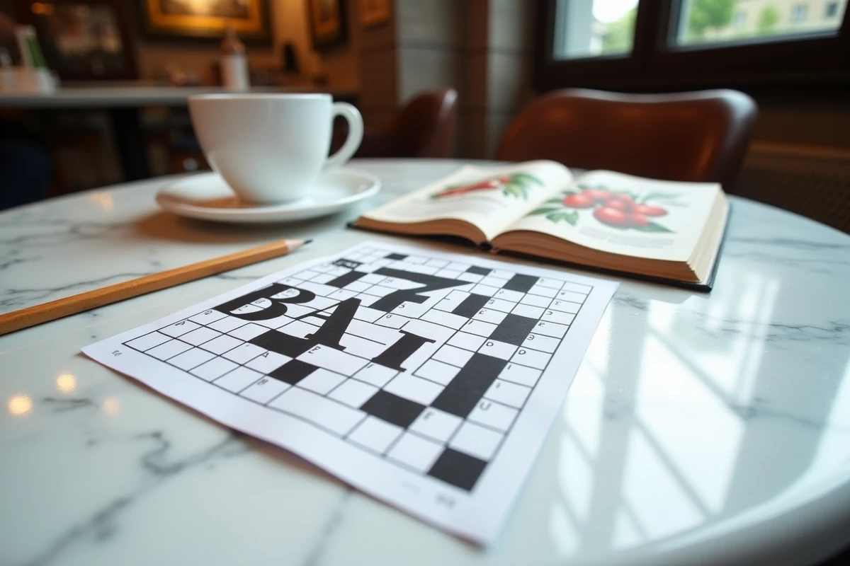 Gros plan sur une grille de mots croisés française avec le mot BAIE visible, un dictionnaire japonais et un crayon posés sur une table de café en marbre