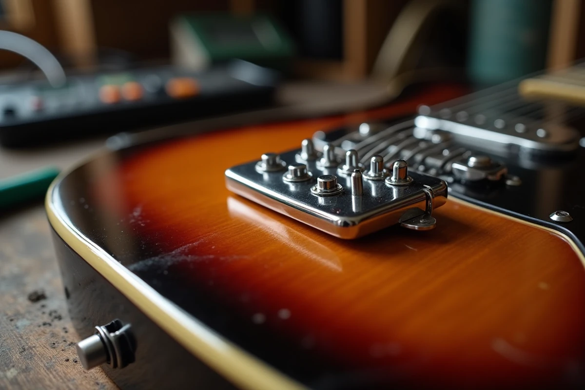 Gros plan sur un micro Samarium Cobalt Noiseless monté sur une guitare électrique sunburst dans un atelier de luthier