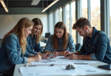 Groupe de jeunes adultes en atelier technique moderne
