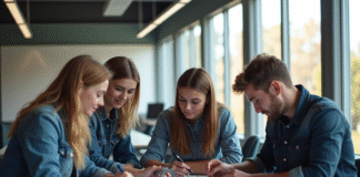 Groupe de jeunes adultes en atelier technique moderne