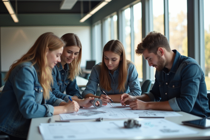 Groupe de jeunes adultes en atelier technique moderne
