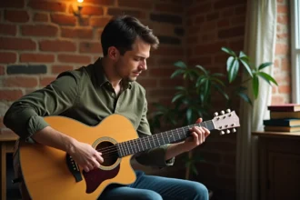 Guitariste jouant une guitare acoustique Atlantic dans un home studio chaleureux avec des murs en brique