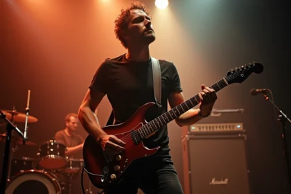 Guitariste sur scène avec micros Samarium Cobalt Noiseless pour une performance live sans buzz