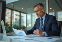 Prévisions 2025 : SCPI en baisse, quelles sont-elles ? Homme d'affaires en réunion avec rapports financiers négatifs