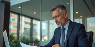 Prévisions 2025 : SCPI en baisse, quelles sont-elles ? Homme d'affaires en réunion avec rapports financiers négatifs