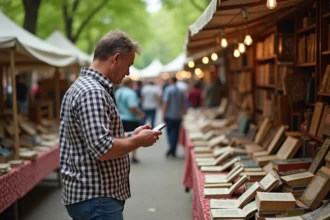 Homme d'âge moyen cherchant des livres vintage à une brocante