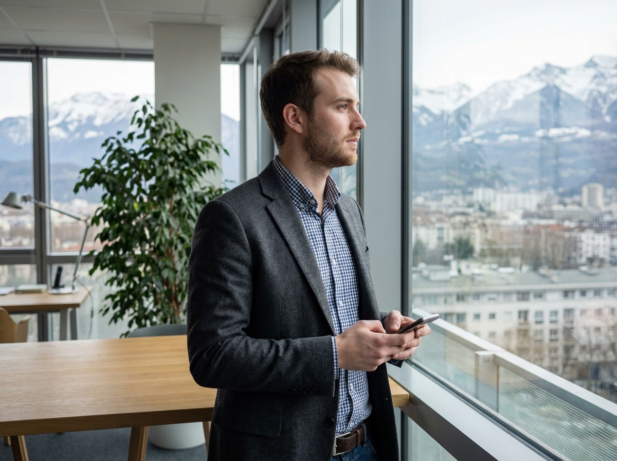 Homme en blazer regardant les montagnes depuis un bureau moderne