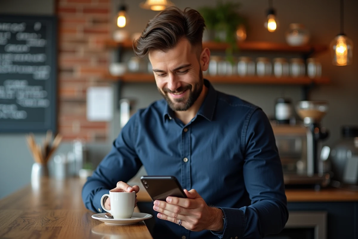 Homme lisant les tendances Buzzmax sur mobile pendant sa pause café en ville
