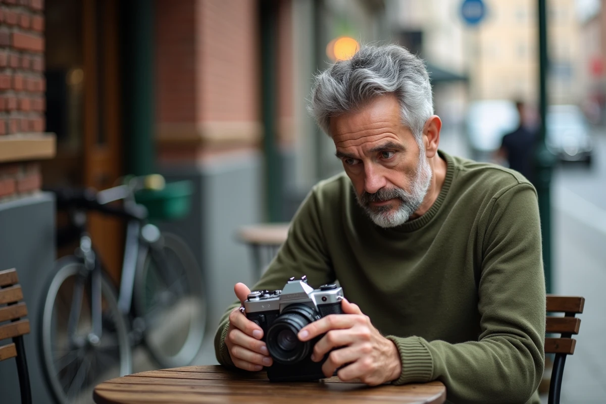 Homme chargeant un film dans un appareil photo au café en ville