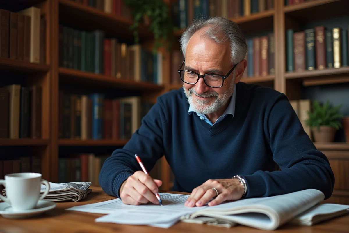 Homme d'âge moyen souriant en train de finir un mots croises