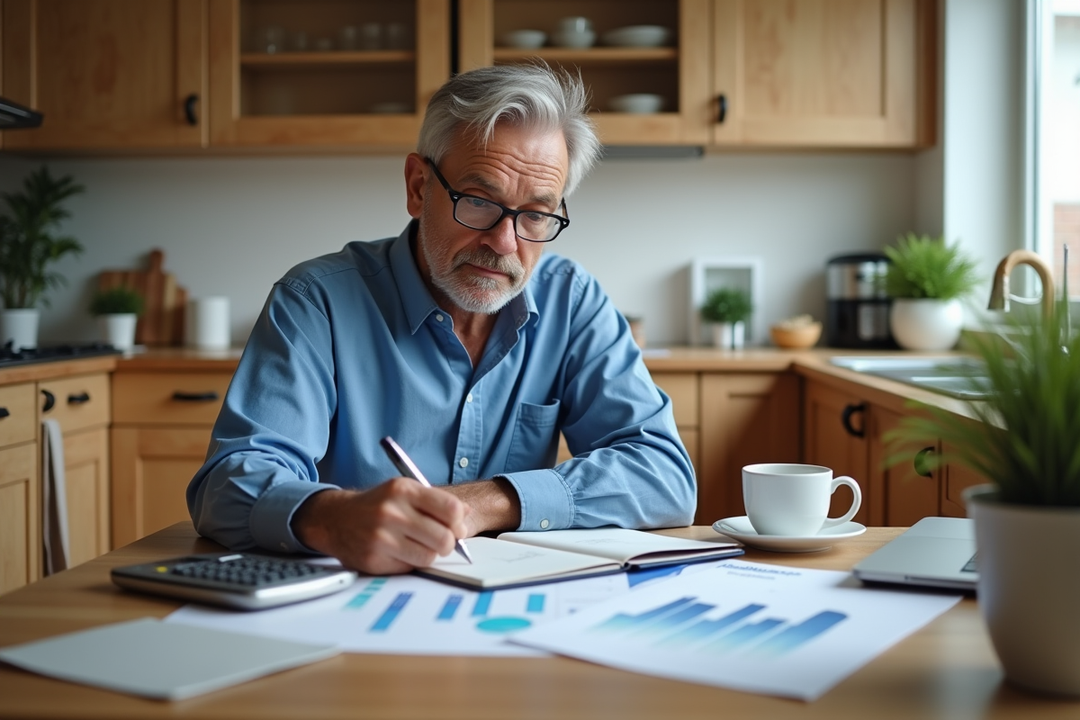 Homme travaillant avec des graphiques dans la cuisine