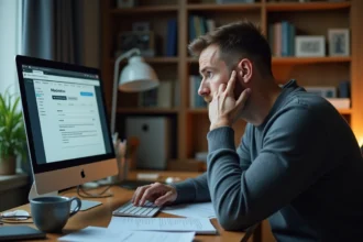 Homme inquiet consultant le site France Travail sur son ordinateur pour comprendre les risques de désinscription et la perte d'allocations chômage