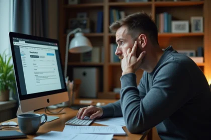 Homme inquiet consultant le site France Travail sur son ordinateur pour comprendre les risques de désinscription et la perte d'allocations chômage