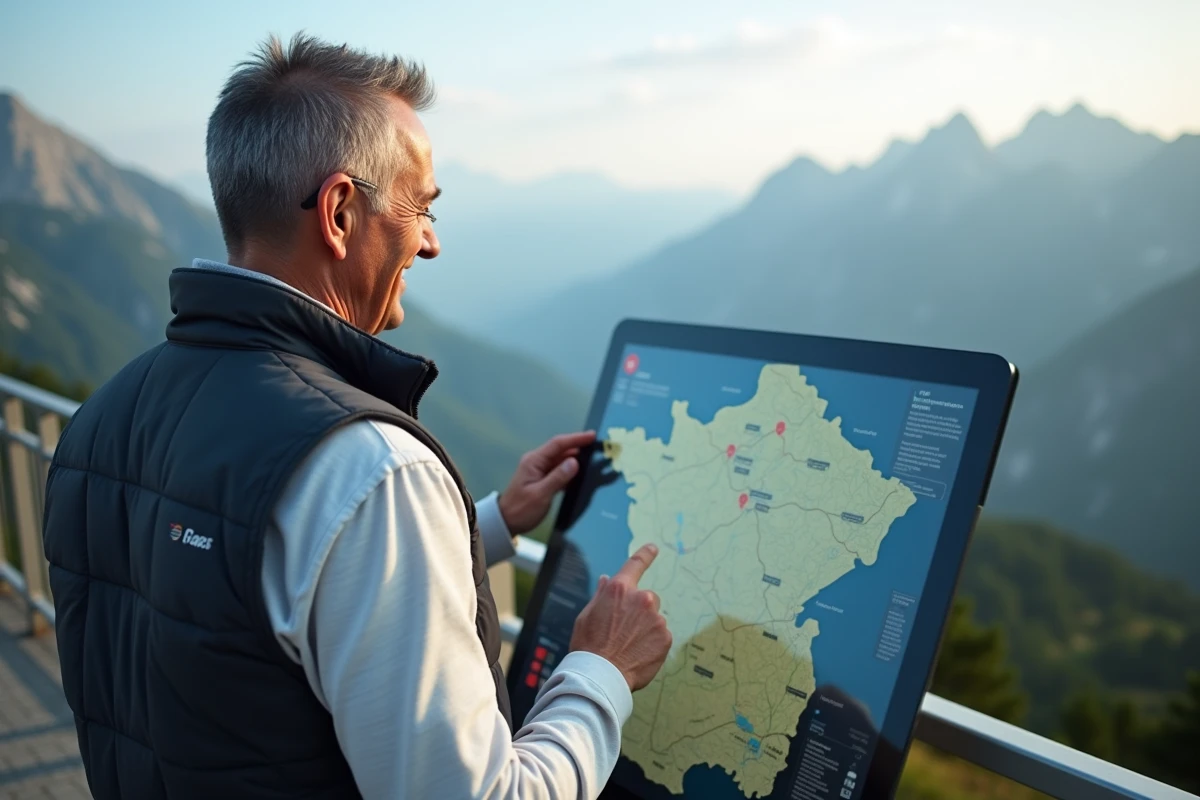 Homme regardant une carte numérique en montagne