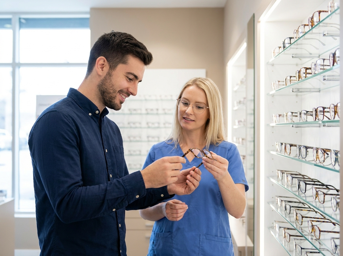 Jeune homme essayant des lunettes avec les conseils d'une opticienne dans un magasin d'optique
