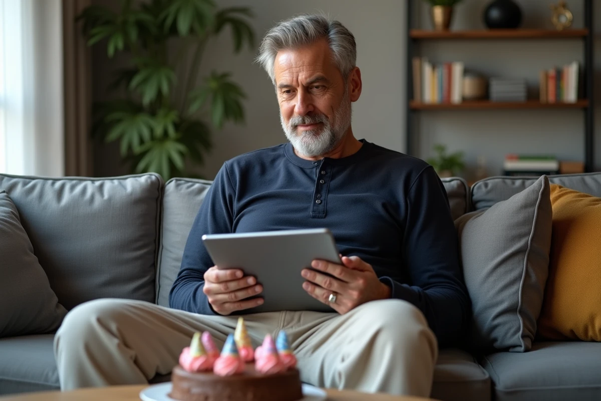Homme souriant tenant une tablette affichant un GIF anniversaire festif dans un salon moderne avec gâteau