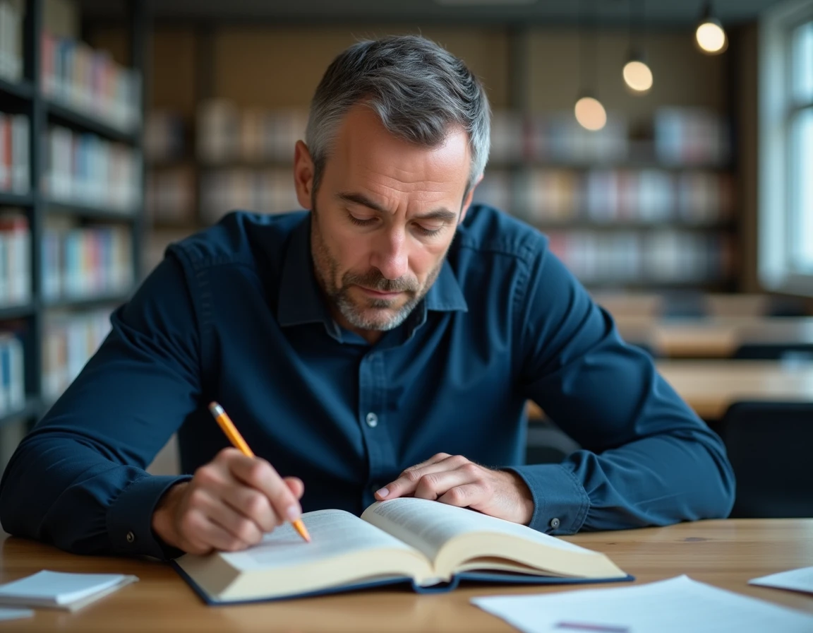 Homme consultant un livre de grammaire française dans une bibliothèque pour vérifier une règle d'orthographe