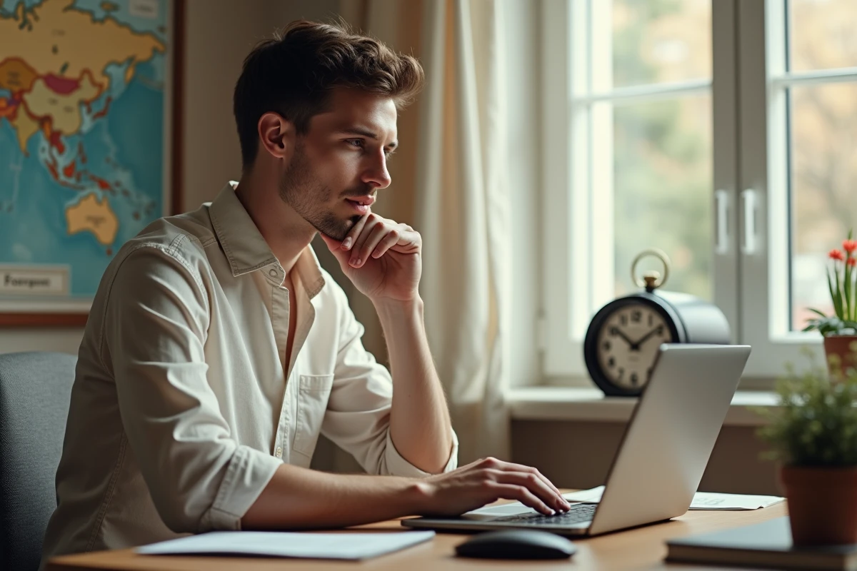 Jeune homme compare fuseaux horaires avec horloge et laptop