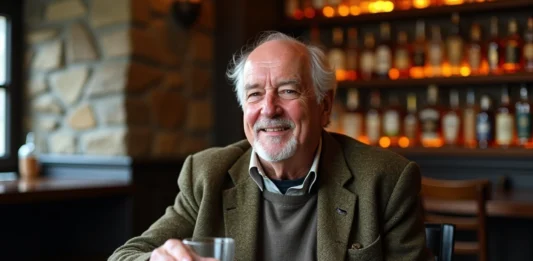 Entre douceur et tradition : les spécificités du whisky irlandais Homme irlandais âgé tenant un verre de whisky dans un pub traditionnel