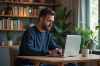 Homme concentré jouant à Worde Louan dans un bureau cosy