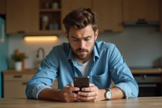 Homme frustré regardant son smartphone dans la cuisine