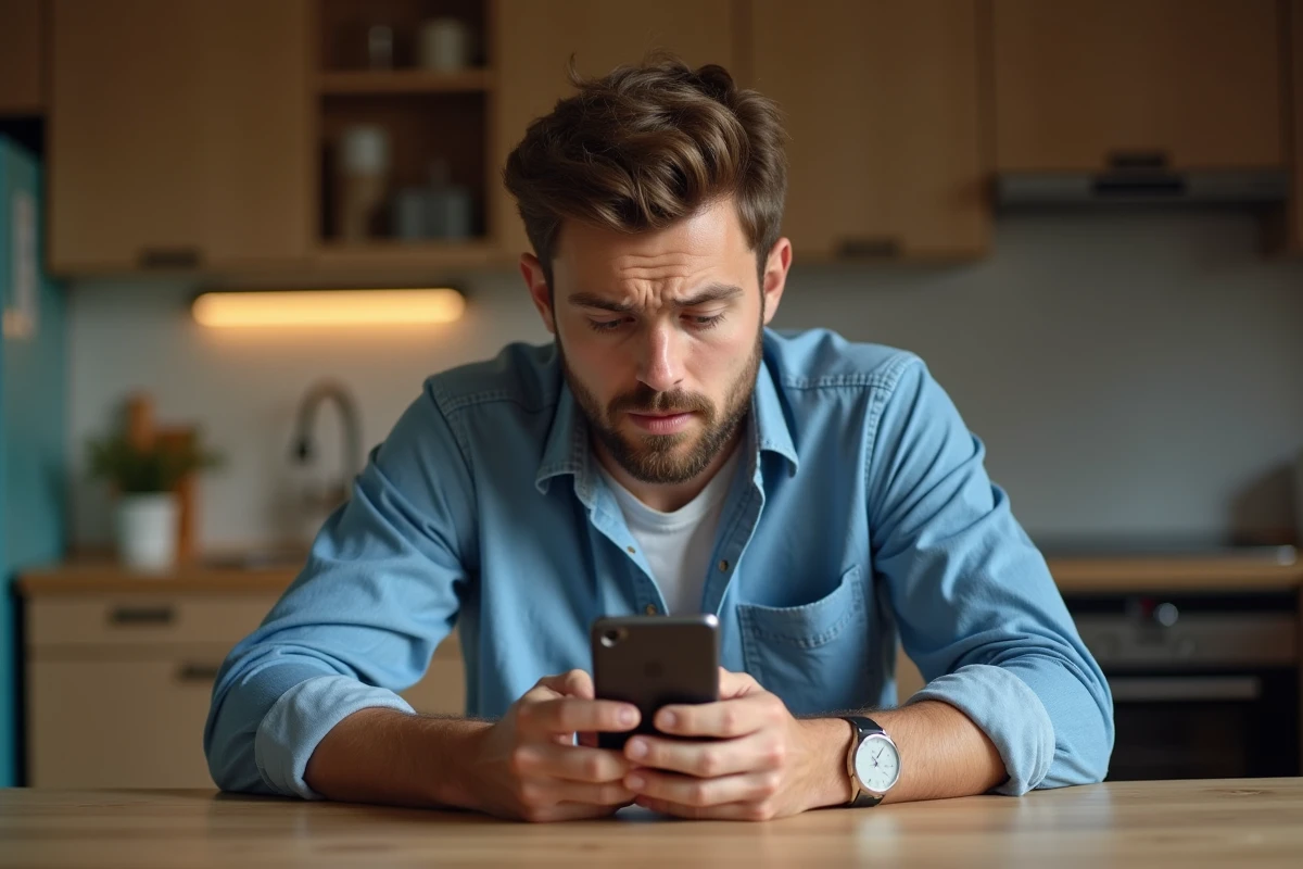 Homme frustré regardant son smartphone dans la cuisine
