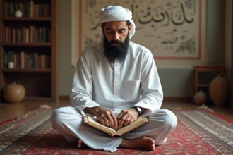 Homme musulman lisant le Quran dans un intérieur paisible