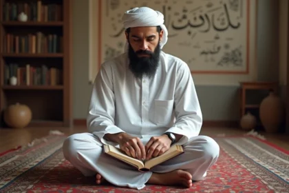 Homme musulman lisant le Quran dans un intérieur paisible