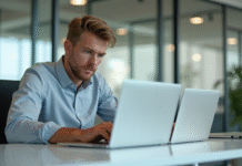 Comparatif PC portable 2025 : Top 10 des meilleurs modèles à choisir Jeune homme professionnel compare deux laptops 2025