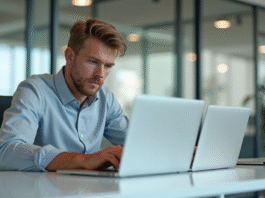 Jeune homme professionnel compare deux laptops 2025